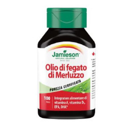 Flacone da 100 perle di Jamieson Olio Di Fegato Di Merluzzo, integratore ricostituente per cuore e ossa.