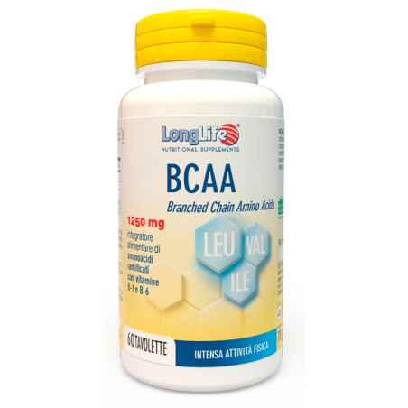 Confezione da 60 tavolette di LOnglife BCAA 1250 mg, integratore di aminoacidi ramificati per sportivi. Confezione da 60 tavolette di LOnglife BCAA 1250 mg, integratore di aminoacidi ramificati per sportivi.