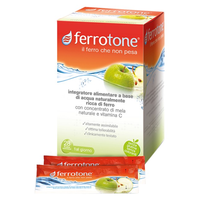 Confezione da 28 bustine di Ferrotone integratore di Ferro e Vitamina C con succo di mela Confezione da 28 bustine di Ferrotone integratore di Ferro e Vitamina C con succo di mela