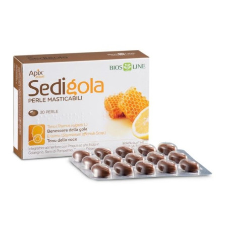 Confezione da 30 perle masticabili di Bios Line Apix Sedigola, integratore per il benessere di naso e gola.