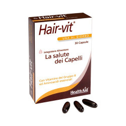 Confezione da 30 capsule molli di Hair-Vit, integratore per la salute di capelli e unghie.