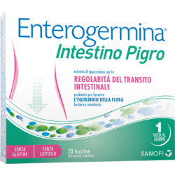 Confezione da 10 bustine di Enterogermina Intestino Pigro, integratore per la regolarità del transito intestinale.