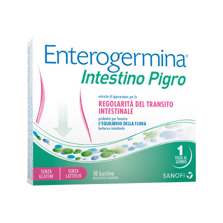 Confezione da 10 bustine di Enterogermina Intestino Pigro, integratore per la regolarità del transito intestinale.