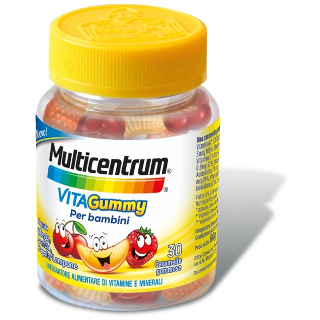 Flacone da 30 caramelle gommose di Multicentrum VitaGummy, integratore di vitamine specifico per i bambini. Flacone da 30 caramelle gommose di Multicentrum VitaGummy, integratore di vitamine specifico per i bambini.