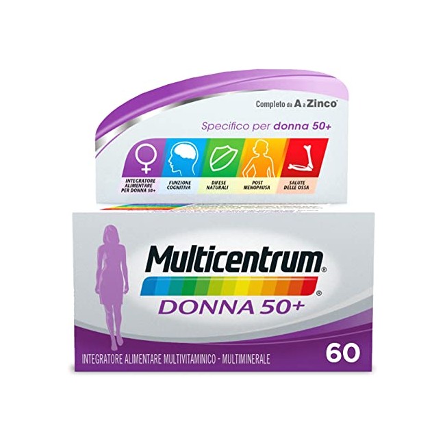 Confezione da 60 compresse di Multicentrum donna 50+ integratore multivitaminico e multiminerale per donne sopra i 50 anni Confezione da 60 compresse di Multicentrum donna 50+ integratore multivitaminico e multiminerale per donne sopra i 50 anni