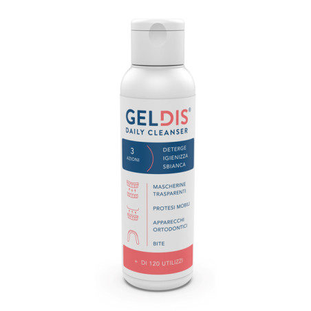 Flacone da 100 ml di Geldis Detergente Igienizzante Per La Pulizia Di Protesi Apparecchi Bite. Flacone da 100 ml di Geldis Detergente Igienizzante Per La Pulizia Di Protesi Apparecchi Bite.