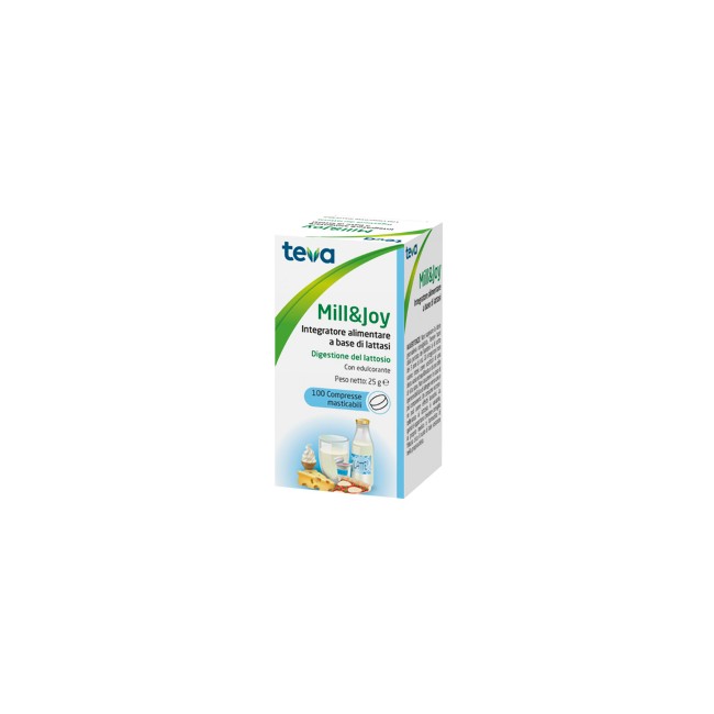 Confezione da 100 compresse di Teva Mill&Joy, integratore per la digestione del lattosio. Confezione da 100 compresse di Teva Mill&Joy, integratore per la digestione del lattosio.