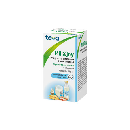 Confezione da 100 compresse di Teva Mill&Joy, integratore per la digestione del lattosio.