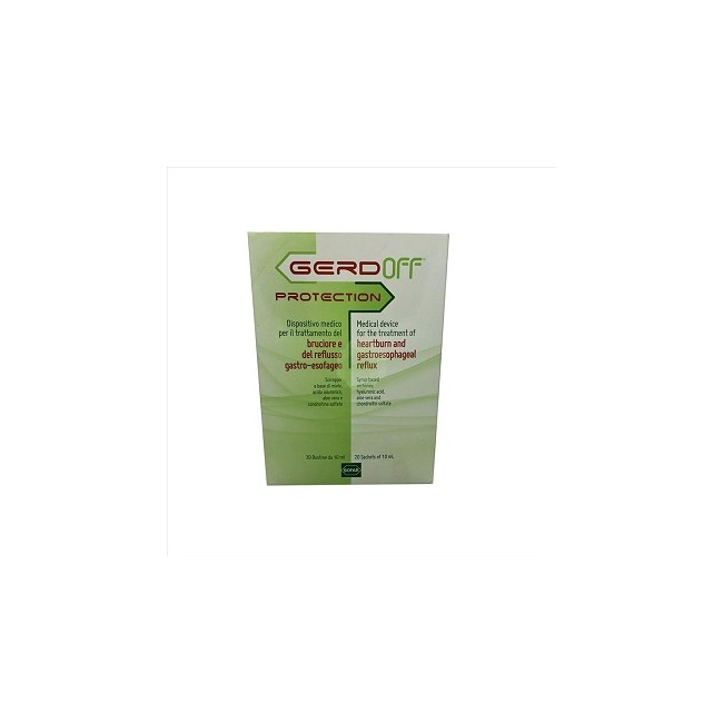 Confezione da 20 bustine liquide di Gerdoff Protection sciroppo contro acidità e reflusso. Confezione da 20 bustine liquide di Gerdoff Protection sciroppo contro acidità e reflusso.