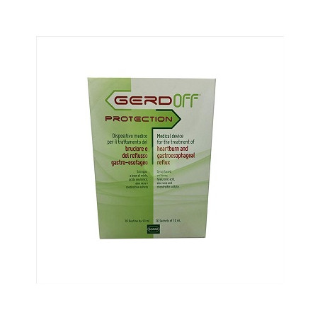 Confezione da 20 bustine liquide di Gerdoff Protection sciroppo contro acidità e reflusso.