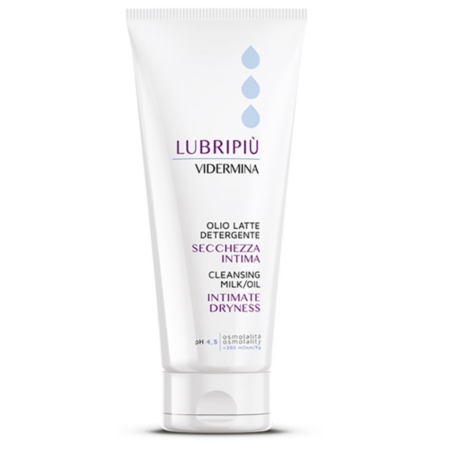 Tubo da 200 ml di Vidermina Lubripiù Olio Latte Detergente, utile per il benessere intimo femminile. Tubo da 200 ml di Vidermina Lubripiù Olio Latte Detergente, utile per il benessere intimo femminile.