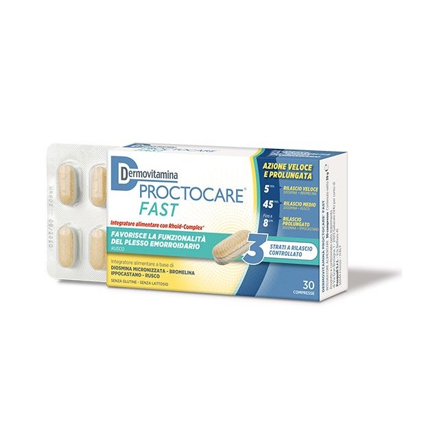 Confezione da 30 compresse di Dermovitamina Proctocare Fast, integratore per emorroidi. Confezione da 30 compresse di Dermovitamina Proctocare Fast, integratore per emorroidi.