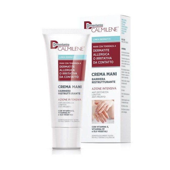 Tubo da 75 ml di Dermovitamina Calmilene Crema Mani, crema idratante e protettiva per le mani. Tubo da 75 ml di Dermovitamina Calmilene Crema Mani, crema idratante e protettiva per le mani.