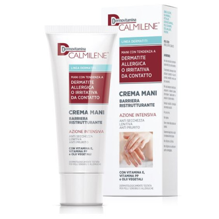 Tubo da 75 ml di Dermovitamina Calmilene Crema Mani, crema idratante e protettiva per le mani.
