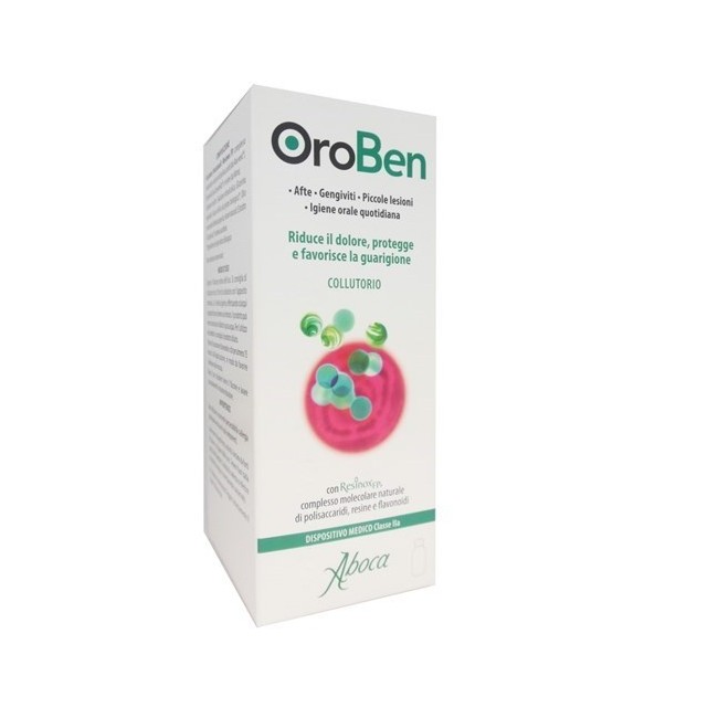 Flacone da 150 ml di Aboca Oroben Collutturio, utile per il trattamento di afte e gengive infiammate. Flacone da 150 ml di Aboca Oroben Collutturio, utile per il trattamento di afte e gengive infiammate.