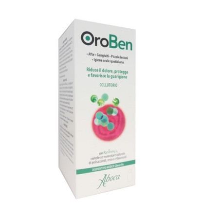 Flacone da 150 ml di Aboca Oroben Collutturio, utile per il trattamento di afte e gengive infiammate.