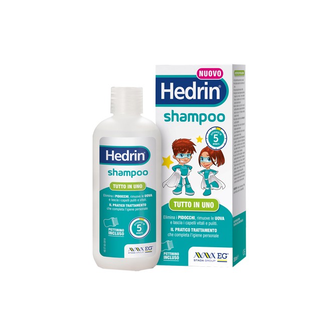 Flacone da 200 ml di Hedrin Shampoo antipidocchi. Flacone da 200 ml di Hedrin Shampoo antipidocchi.