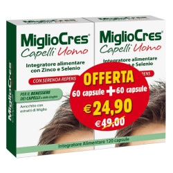 Confezione da 120 capsule di Migliocres Uomo, integratore per arrestare la caduta dei capelli.