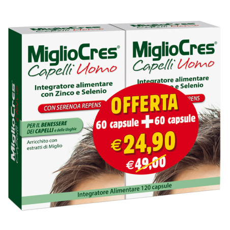 Confezione da 120 capsule di Migliocres Uomo, integratore per arrestare la caduta dei capelli. Confezione da 120 capsule di Migliocres Uomo, integratore per arrestare la caduta dei capelli.