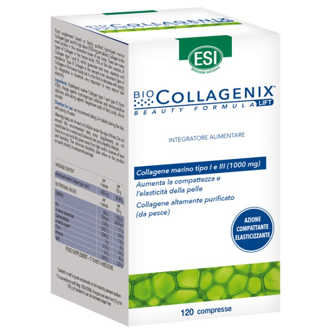 Confezione da 120 compresse di Esi Biocollagenix, integratore per la cura della pelle. Confezione da 120 compresse di Esi Biocollagenix, integratore per la cura della pelle.