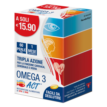 Confezione da 60 mini-perle di Omega 3 ACT, integratore per la salute del cuore e del cervello. Confezione da 60 mini-perle di Omega 3 ACT, integratore per la salute del cuore e del cervello.