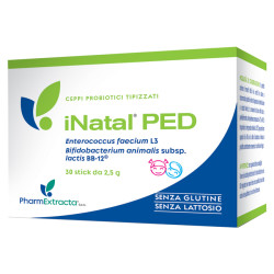 Confezione da 30 stick di Inatal PED, integratore per la salute intestinale e digestiva dei bambini.