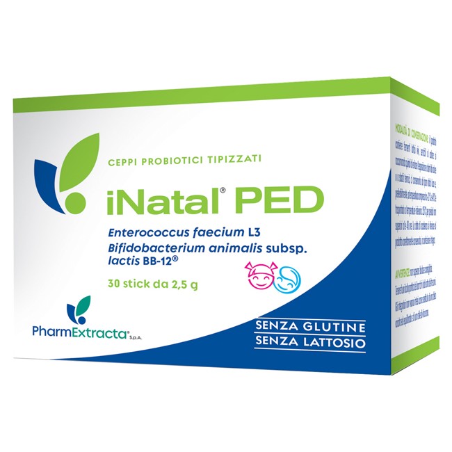 Confezione da 30 stick di Inatal PED, integratore per la salute intestinale e digestiva dei bambini.