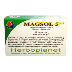 Confezione da 60 compresse di Herboplanet MagSol 5 Plus, integratore per energia e funzione psicologica.