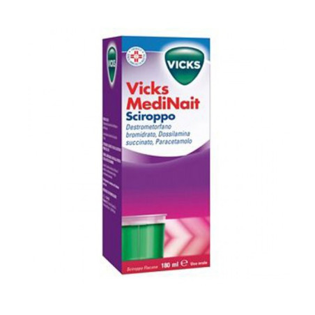 Flacone da 180 ml di Vicks MediNait Sciroppo Farmaco Per Raffreddore e Sindrome Influenzale. Flacone da 180 ml di Vicks MediNait Sciroppo Farmaco Per Raffreddore e Sindrome Influenzale.