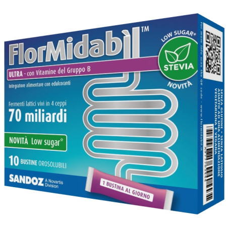 Confezione da 10 bustine orosolubili di Sandoz Flormidabil Ultra Integratore Di Fermenti Lattici Per Il Benessere Intestinale. Confezione da 10 bustine orosolubili di Sandoz Flormidabil Ultra Integratore Di Fermenti Lattici Per Il Benessere Intestinale.
