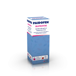 Confezione da 150 ml di Paidofen Farmaco Antipiretico Per La Febbre Ibuprofene 100mg/5ml Gusto Fragola.