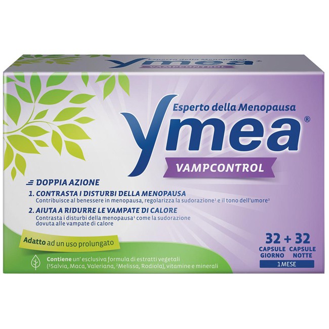 Confezione da 64 capsule di Ymea Vamp Control integratore per la menopausa e le vampate di calore.