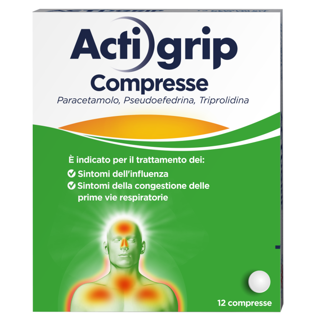 Confezione da 12 compresse di Actigrip, farmaco per il trattamento dei sintomi dell'influenza e del raffreddore. Confezione da 12 compresse di Actigrip, farmaco per il trattamento dei sintomi dell'influenza e del raffreddore.
