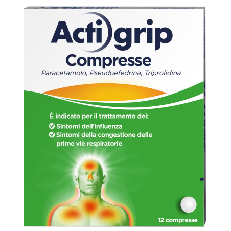 Confezione da 12 compresse di Actigrip, farmaco per il trattamento dei sintomi dell'influenza e del raffreddore. Confezione da 12 compresse di Actigrip, farmaco per il trattamento dei sintomi dell'influenza e del raffreddore.