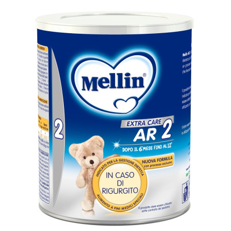 Barattolo da 400 grammi di Mellin AR 2, latte in polvere per bambini affetti da rigurgito. Barattolo da 400 grammi di Mellin AR 2, latte in polvere per bambini affetti da rigurgito.