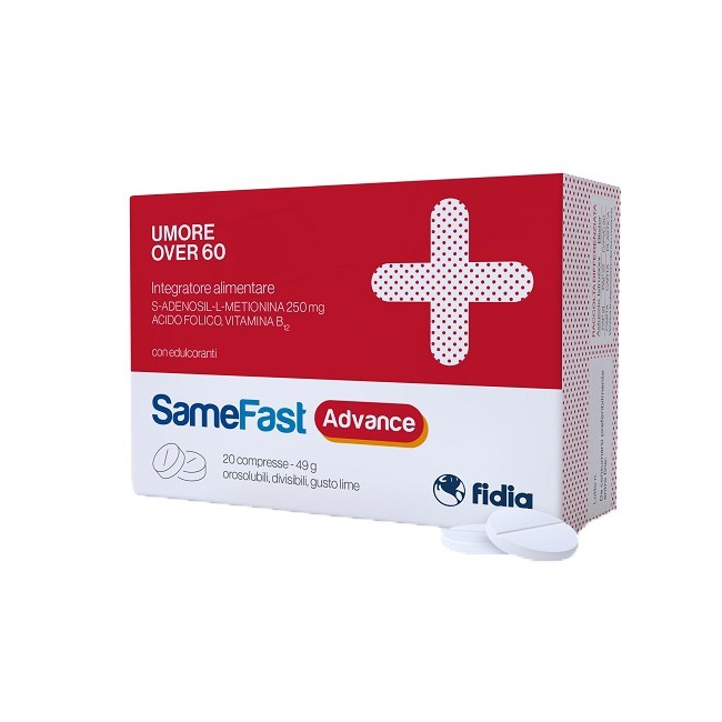Confezione da 20 compresse orosolubili di Samefast Advance over 60 integratore per migliorare l'umore ed il benessere mentale Confezione da 20 compresse orosolubili di Samefast Advance over 60 integratore per migliorare l'umore ed il benessere mentale