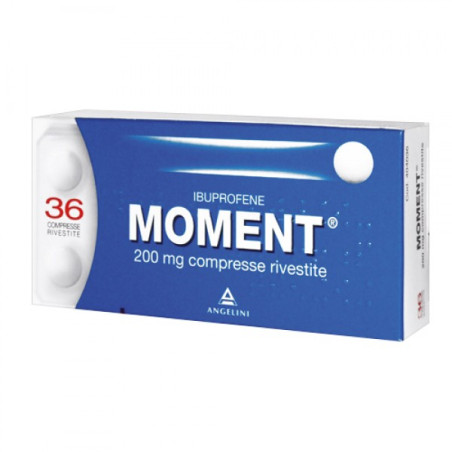Confezione da 36 compresse rivestite di Moment Farmaco Antinfiammatorio E Antidolorifico Ibuprofene 200 Mg. Confezione da 36 compresse rivestite di Moment Farmaco Antinfiammatorio E Antidolorifico Ibuprofene 200 Mg.