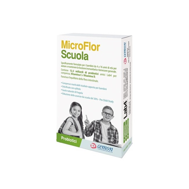 Confezione da 30 compresse masticabili di Microflor Scuola integratore di fermenti lattici e vitamine per bambini. Confezione da 30 compresse masticabili di Microflor Scuola integratore di fermenti lattici e vitamine per bambini.