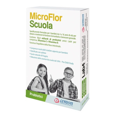 Confezione da 30 compresse masticabili di Microflor Scuola integratore di fermenti lattici e vitamine per bambini.