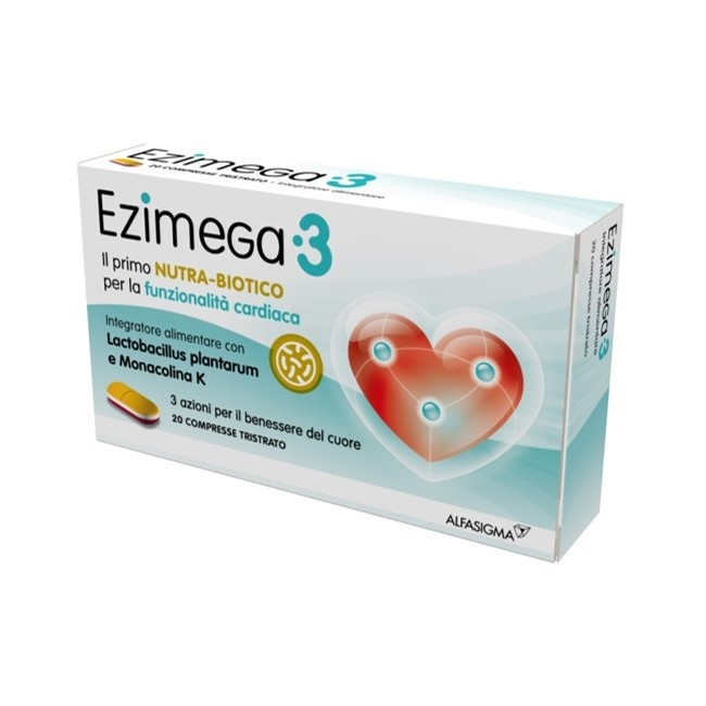 Confezione da 20 compresse di Ezimega3, integratore per ridurre il colesterolo. Confezione da 20 compresse di Ezimega3, integratore per ridurre il colesterolo.