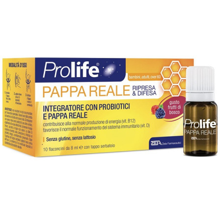 Confezione da 10 flaconi di Prolife pappa reale integratore per le difese immunitarie.