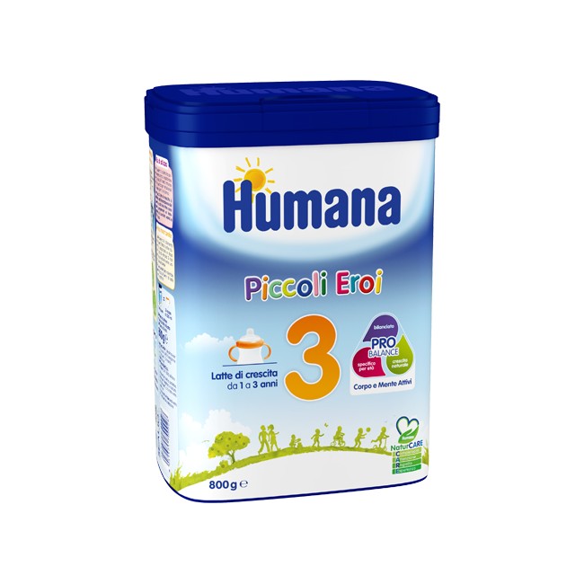 Confezione da 800 grammi di Humana 3, latte in polvere per lo sviluppo fisico e cognitivo dei bambini. Confezione da 800 grammi di Humana 3, latte in polvere per lo sviluppo fisico e cognitivo dei bambini.