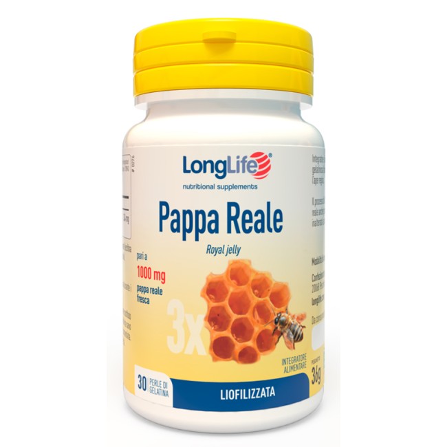 Barattolo da 30 perle di Longlife Pappa Reale, integratore utile per dare energia e tonicità. Barattolo da 30 perle di Longlife Pappa Reale, integratore utile per dare energia e tonicità.