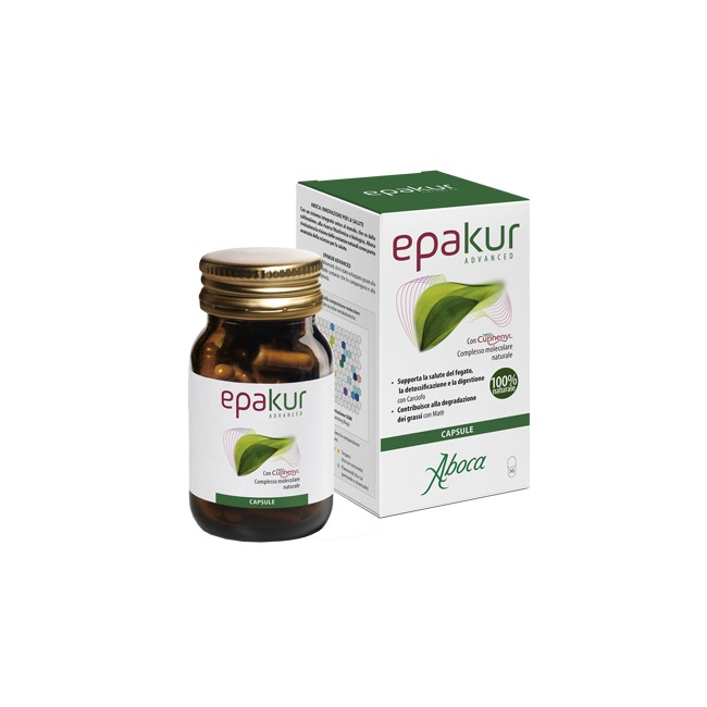 Confezione da 50 capsule di Aboca Epakur Advanced, integratore depurativo per il fegato. Confezione da 50 capsule di Aboca Epakur Advanced, integratore depurativo per il fegato.