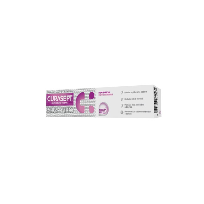 Tubo da 75 ml di Curasept Biosmalto, dentifricio per sensibilità dentale. Tubo da 75 ml di Curasept Biosmalto, dentifricio per sensibilità dentale.