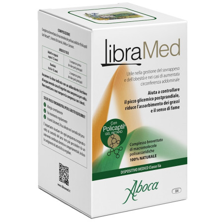 Confezione da 84 compresse di Aboca Fitomagra Libramed, integratore per ridurre la fame e l'assorbimento dei grassi. Confezione da 84 compresse di Aboca Fitomagra Libramed, integratore per ridurre la fame e l'assorbimento dei grassi.