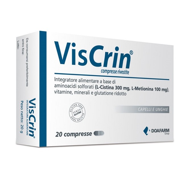 Confezione da 20 compresse di Viscrin, integratore per il benessere di capelli pelle e unghie. Confezione da 20 compresse di Viscrin, integratore per il benessere di capelli pelle e unghie.