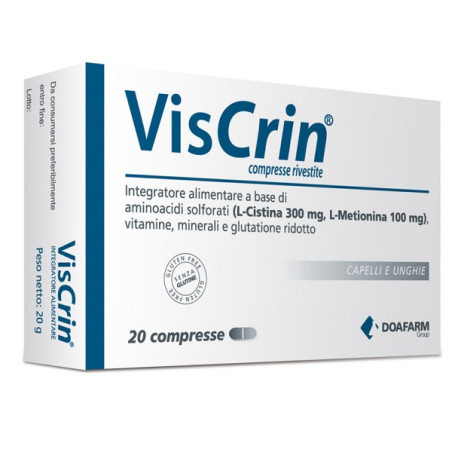 Confezione da 20 compresse di Viscrin, integratore per il benessere di capelli pelle e unghie. Confezione da 20 compresse di Viscrin, integratore per il benessere di capelli pelle e unghie.