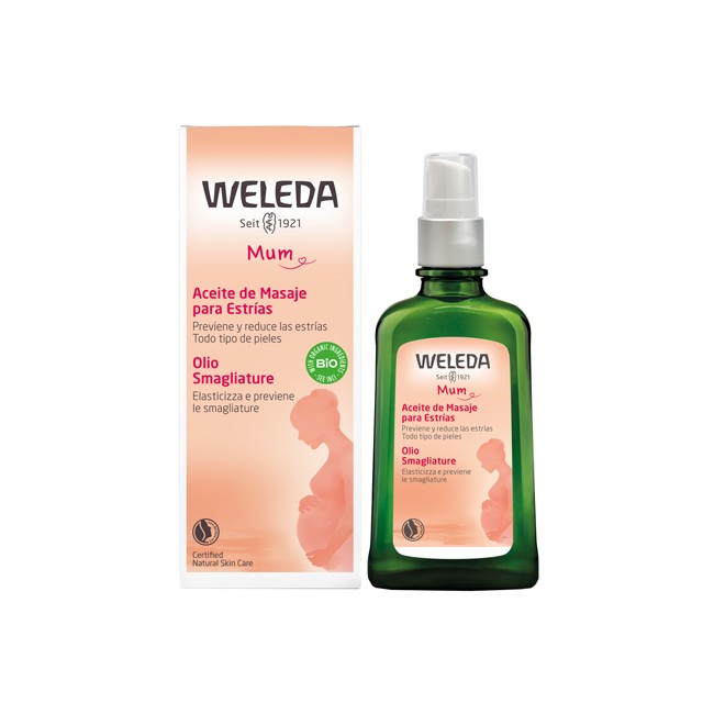 Flacone da 100 ml di Weleda Mum Olio Nutriente Elasticizzante Per Le Smagliature.