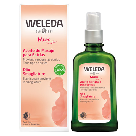 Flacone da 100 ml di Weleda Mum Olio Nutriente Elasticizzante Per Le Smagliature.